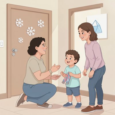 Ilustracja: rodzic odbiera dziecko — informacja przy drzwiach