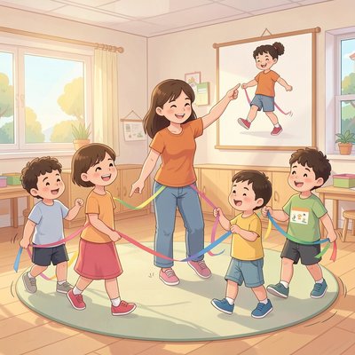 Ilustracja: muzyczne przejście z wstążkami — dzieci idą w kole