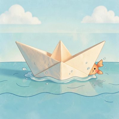 Ilustracja papierowej łódki na falach