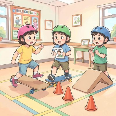 Ilustracja instrukcyjna: dzieci bawią się na torze z kartonowymi deskami