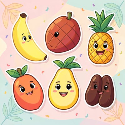 Ilustracje kreskówkowe owoców (przyjazne postaci)