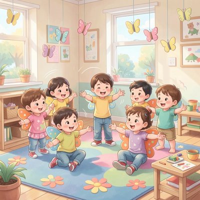 Ilustracja do piosenki i ruchu 'Motyl leci' (scena z dziećmi)