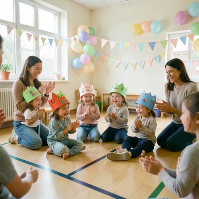 Parada kończąca zajęcia — dzieci w kręgu z ozdobionymi kaskami
