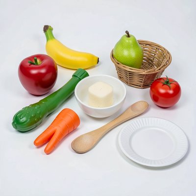 Zestaw rekwizytów — plastikowe owoce i akcesoria (zdjęcie studyjne)