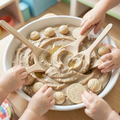 Kącik sensoryczny — taca z puree z ciecierzycy (zdjęcie przykładowe)