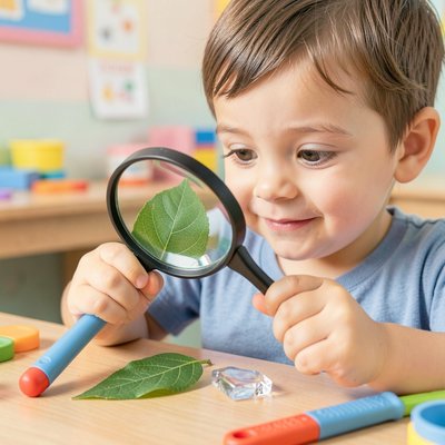 Zbliżenie: dziecko z lupą ogląda liść i plastik