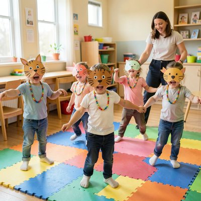 Taniec kolorów — dzieci w maskach i naszyjnikach