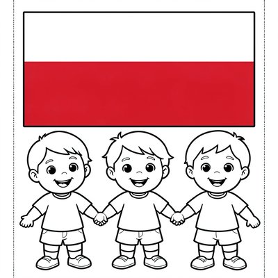 Kolorowanka — flaga i uśmiechnięte dzieci (kontur)