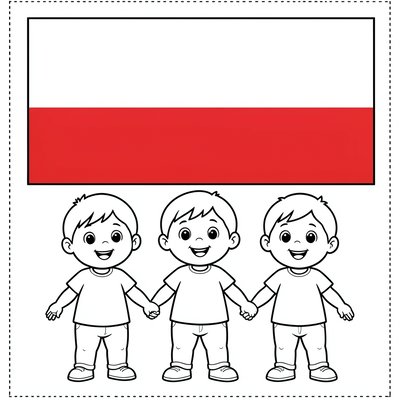 Kolorowanka — flaga i uśmiechnięte dzieci (kontur)