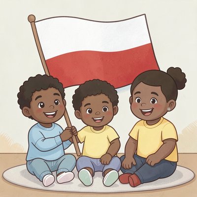 Ilustracja powitalna — flaga i uśmiechnięte dzieci