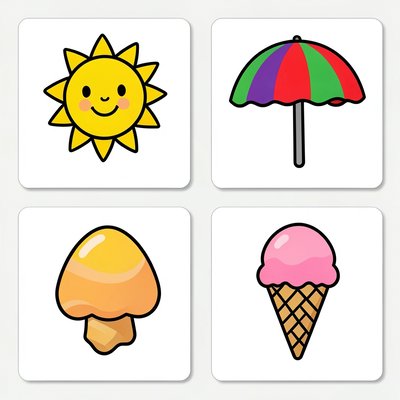 Karty obrazkowe: Słońce, Parasol, Muszla, Lody