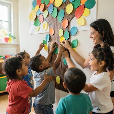 Dzieci przyklejają listki — wspólna praca