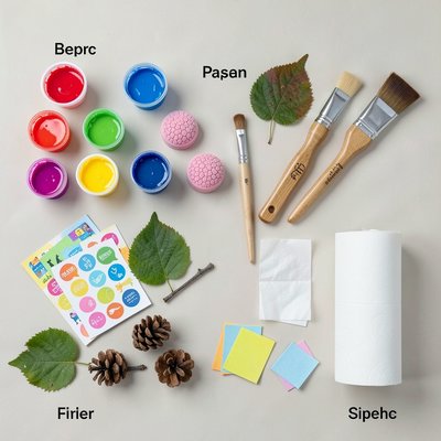 Materiały: zestaw naturalnych elementów i przyborów (widok z góry)