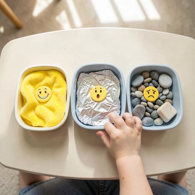 Tace sensoryczne z materiałami i mini-emotikonami