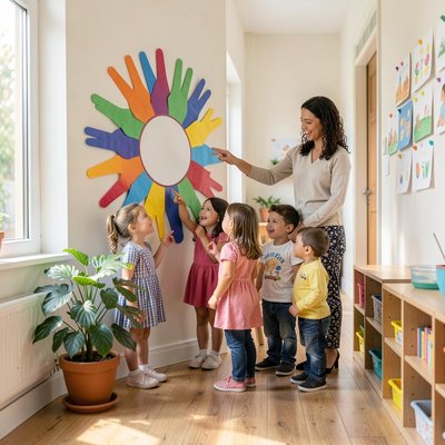 Mockup: mural zawieszony w holu przedszkola