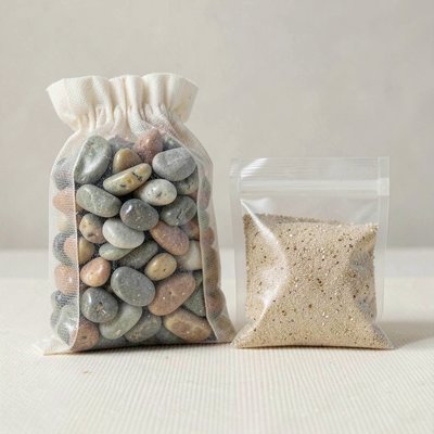 Koryto rzeki — woreczki z kamykami i piaskiem
