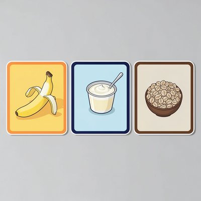Karty produktów — banan, jogurt, płatki