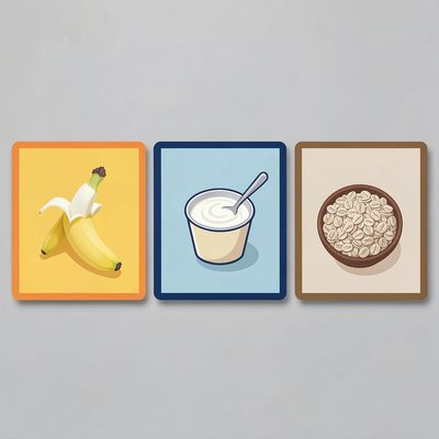 Karty produktów — banan, jogurt, płatki