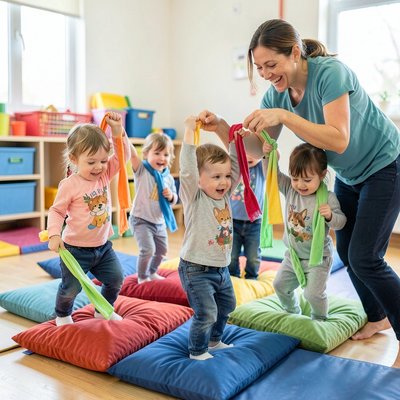 Zabawa ruchowa 'Małpki na drzewie' — scena w sali