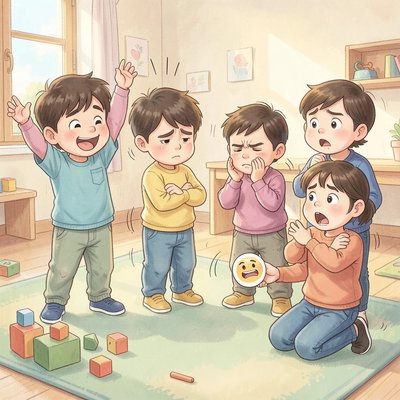 Ilustracja ruchowego zadania — dzieci odgrywają emocje