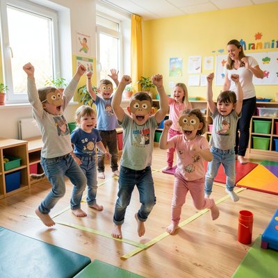 Dzieci podczas zabawy 'Małpie poranki'