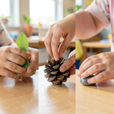 Zbliżenia rąk dzieci dotykających materiały