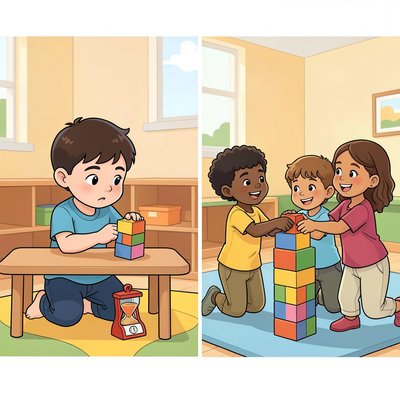 Stacja A — Lepiej razem czy samemu? (ilustracja porównawcza)
