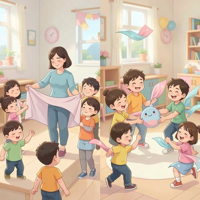 Ilustracja: Tańce ze szarfami i pluszakami