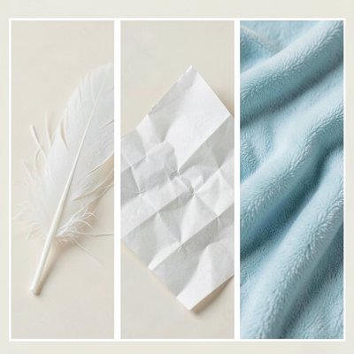 Zbliżenia faktur — piórko, papier, tkanina