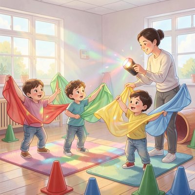 Ilustracja zabawy 'Sygnały światła' z apaszkami