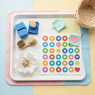 Zestaw materiałów na tacce — zdjęcie układu (flat lay)