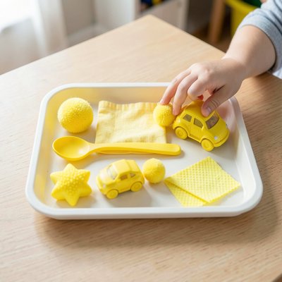 Zdjęcie tacy sensorycznej z żółtymi przedmiotami