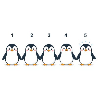 Plansza z pięcioma pingwinami ponumerowanymi 1–5