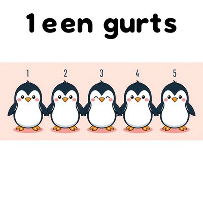 Plansza z pięcioma pingwinami ponumerowanymi 1–5