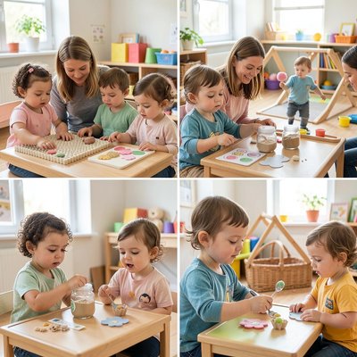Zdjęcie aranżacyjne stacji sensorycznych z dziećmi (scena edukacyjna)