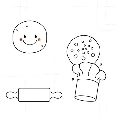 Kolorowanki: bułeczka, ciasteczko, wałek