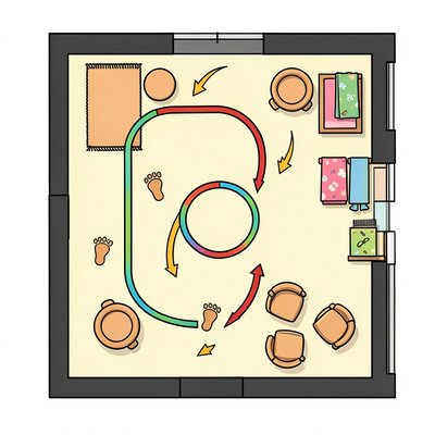 Tor ruchowy — plan ścieżek na podłodze (widok z góry)