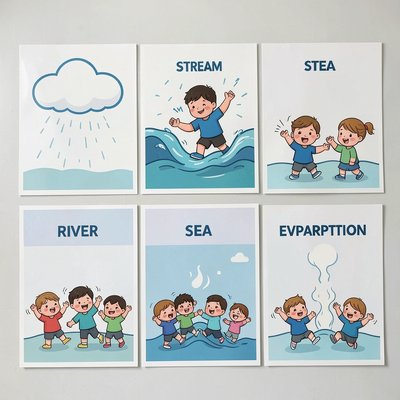 Karty etapów: Chmura, Deszcz, Strumyk, Rzeka, Morze, Para