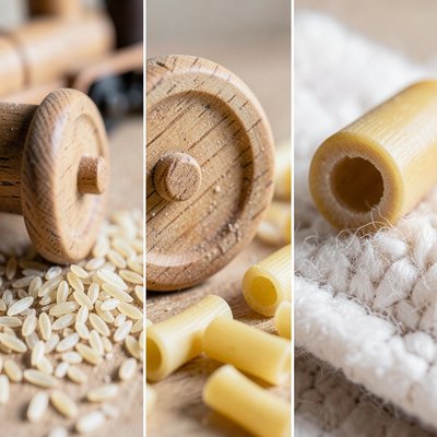 Zbliżenie tekstur: koła wagonika w ryżu, makaronie i na materiale