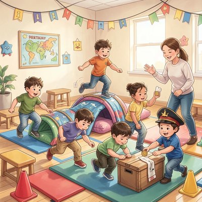 Ilustracja akcji: dzieci pokonują tor w sali