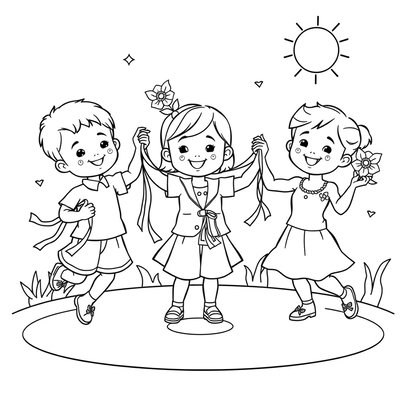 Kolorowanka — Tańczące dzieci i kwiaty