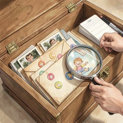 Ilustracja: Skrzynia archiwum z pamiątkami (detal)