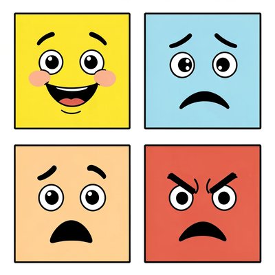 Ilustracje emocji — radość, smutek, zaskoczenie, złość