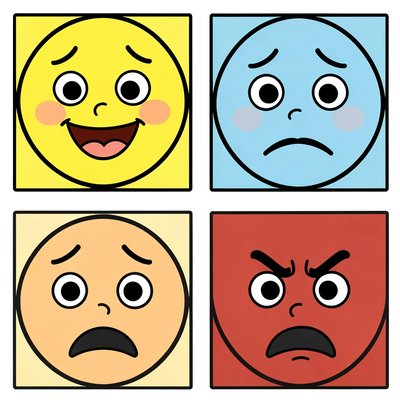 Ilustracje emocji — radość, smutek, zaskoczenie, złość