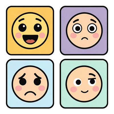 Karty emocji — zestaw twarzy (radość, strach, smutek, ciekawość)
