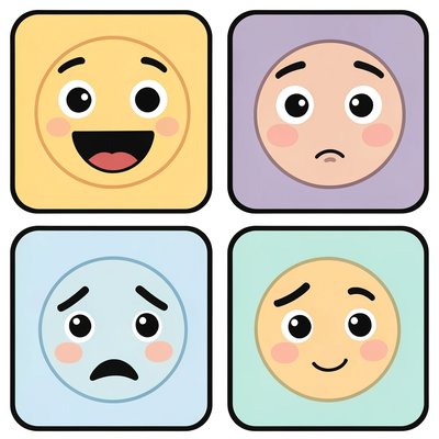 Karty emocji — zestaw twarzy (radość, strach, smutek, ciekawość)