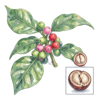 Ilustracja botaniczna kawowca i ziarna