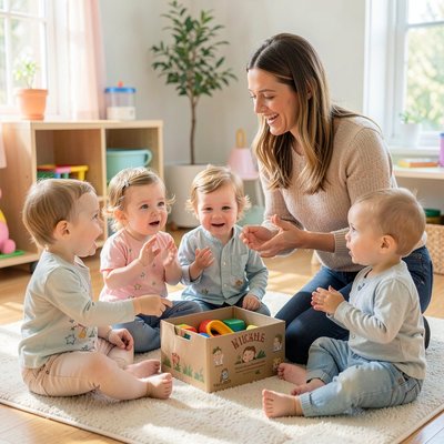 Kółko powitalne — opiekun i dzieci w kole