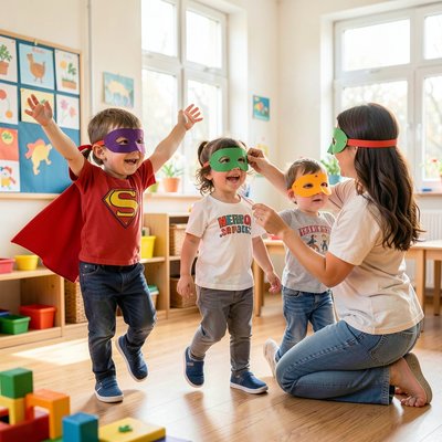 Zabawa ruchowa z maskami — scena z dziećmi