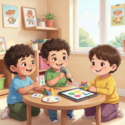 Ilustracja: Mini-studio nagrań — grupy nagrywają odliczanki